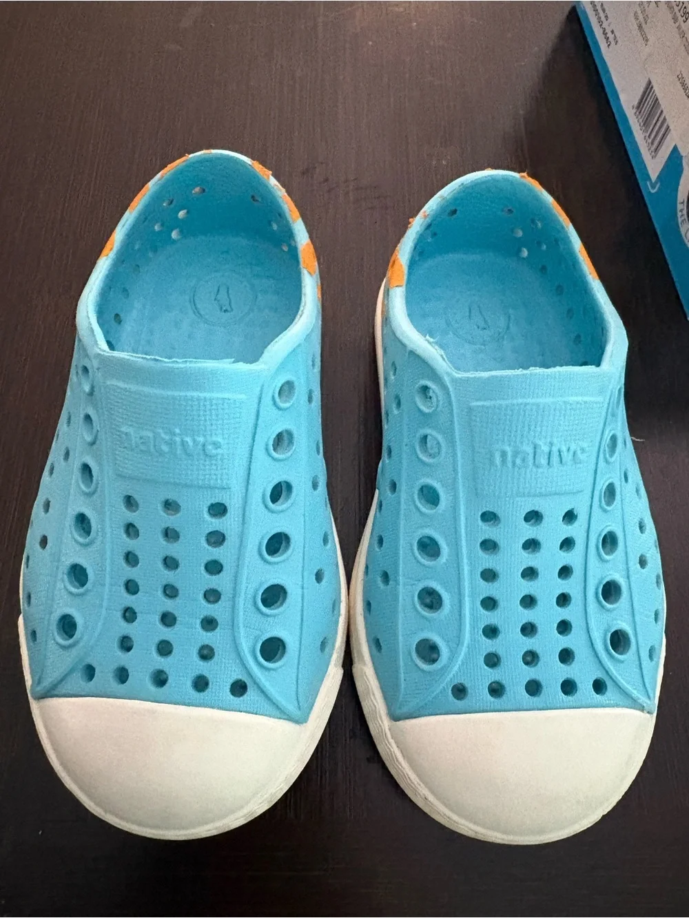 Native Shoes Jefferson Kids Slip-On in Aquamarine with Orange Accent